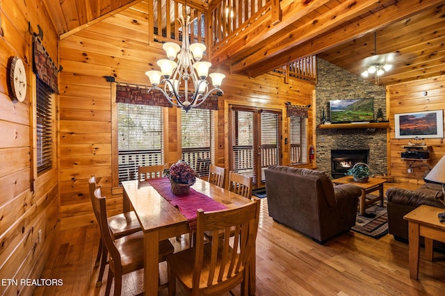 dining area featuring wood ceiling, a stone fireplace, wood walls, wood-type flooring, and high vaulted ceiling