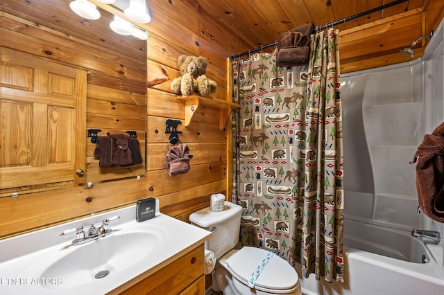 full bathroom featuring vanity, shower / tub combo, wooden walls, and wood ceiling