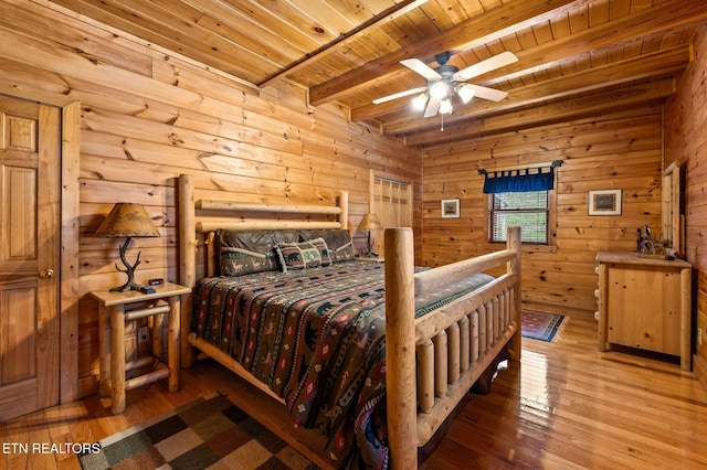 bedroom featuring ceiling fan, hardwood / wood-style floors, wooden ceiling, and beamed ceiling