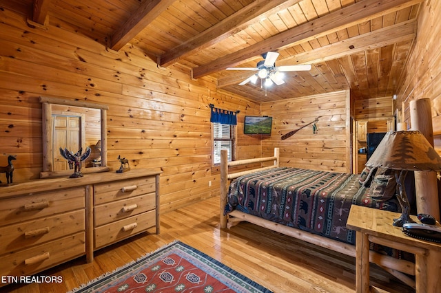 bedroom featuring wooden walls, light hardwood / wood-style floors, wood ceiling, ceiling fan, and beamed ceiling