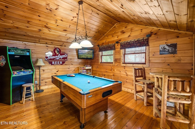 rec room featuring pool table, wooden ceiling, wood walls, and hardwood / wood-style flooring