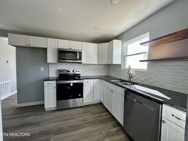 kitchen with sink, white cabinetry, decorative backsplash, dark hardwood / wood-style floors, and appliances with stainless steel finishes