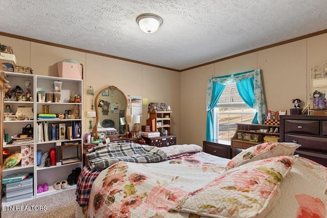 carpeted bedroom featuring a textured ceiling and ornamental molding