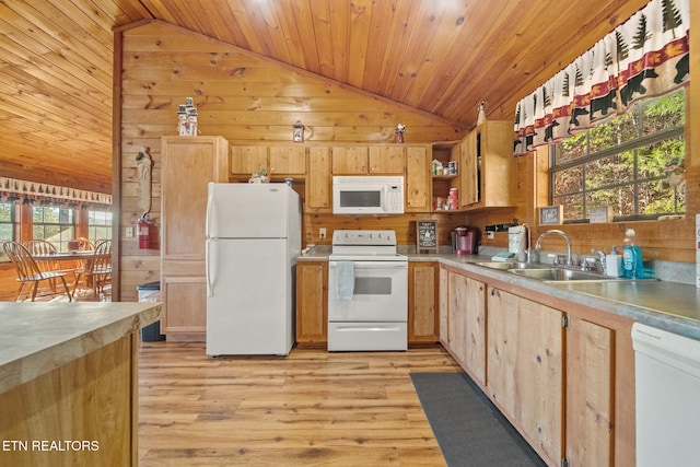 kitchen featuring white appliances, wood walls, light wood-type flooring, and wood ceiling