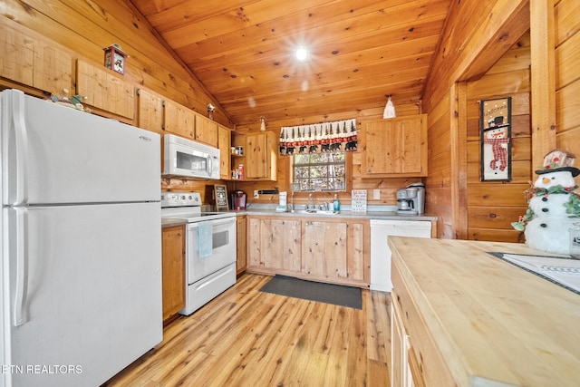 kitchen featuring white appliances, wooden ceiling, light wood-type flooring, wooden walls, and lofted ceiling