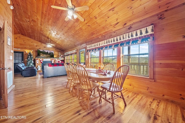 dining area featuring vaulted ceiling, ceiling fan, wooden walls, and wooden ceiling