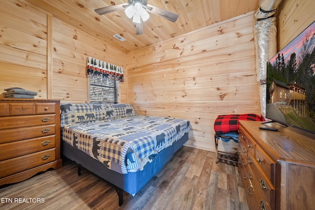 bedroom featuring hardwood / wood-style floors, wood walls, ceiling fan, and wood ceiling