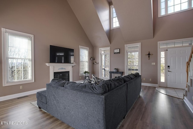 living room featuring a high ceiling and hardwood / wood-style floors