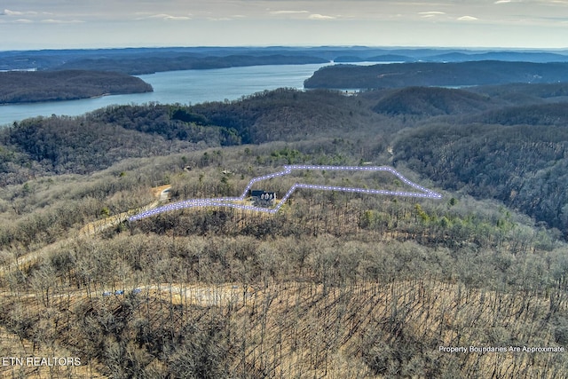 aerial view featuring a water and mountain view