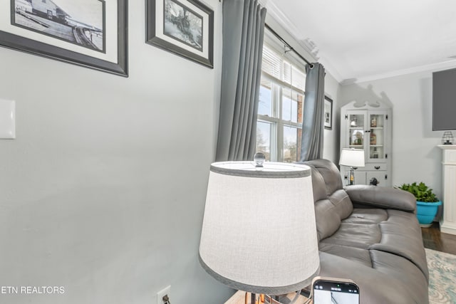 living room with crown molding and hardwood / wood-style flooring