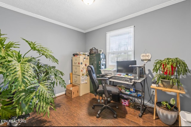 home office with wood-type flooring, crown molding, and a textured ceiling