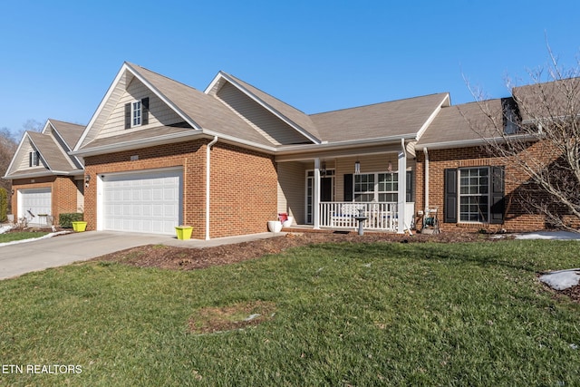 ranch-style house featuring a garage, a front lawn, and a porch