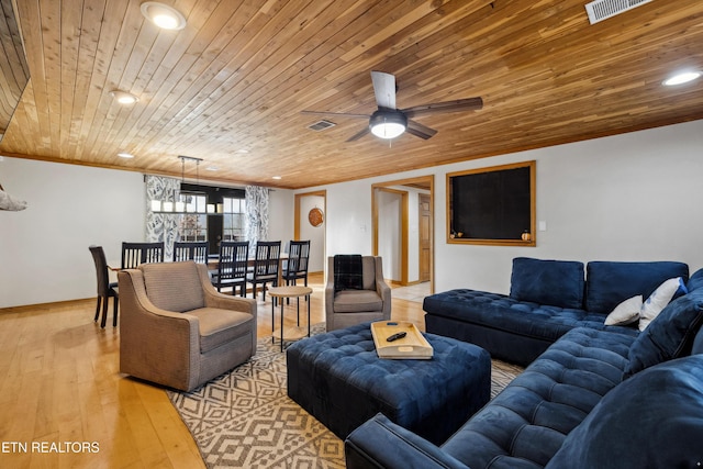 living room featuring light hardwood / wood-style floors, ceiling fan, and wooden ceiling