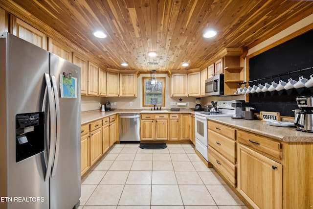 kitchen featuring wooden ceiling, appliances with stainless steel finishes, light tile patterned floors, pendant lighting, and sink