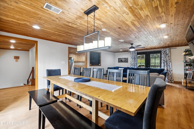 dining space featuring ceiling fan, wood ceiling, light wood-type flooring, and french doors