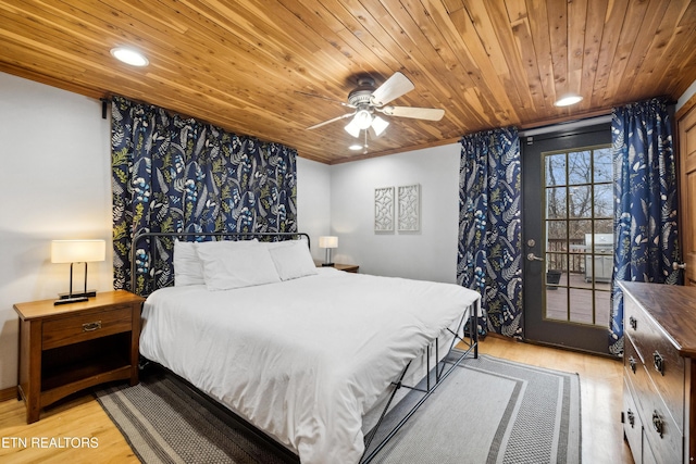 bedroom featuring access to exterior, light wood-type flooring, and wood ceiling