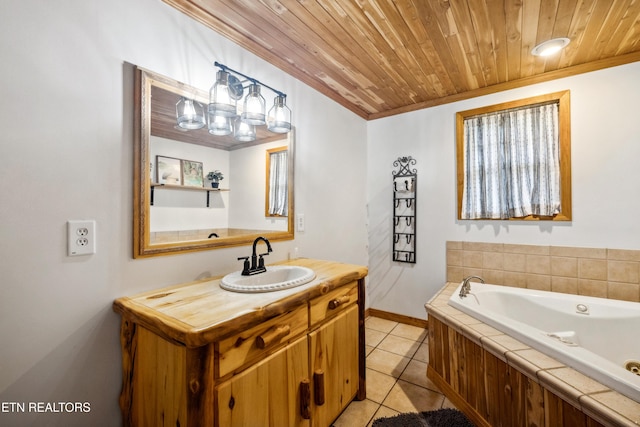 bathroom with vanity, tile patterned floors, crown molding, and wood ceiling