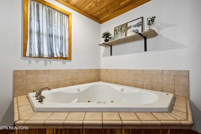 bathroom featuring ornamental molding, wooden ceiling, and tiled bath