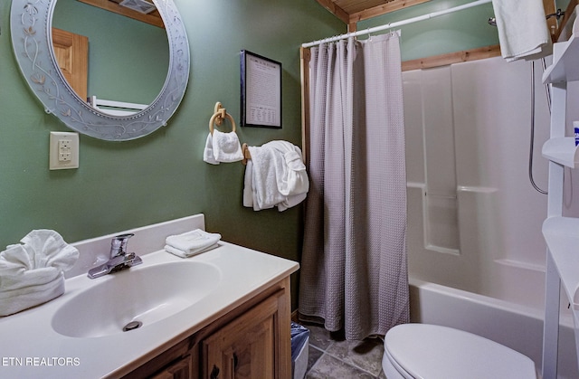 full bathroom featuring toilet, tile patterned flooring, shower / bath combination with curtain, and vanity