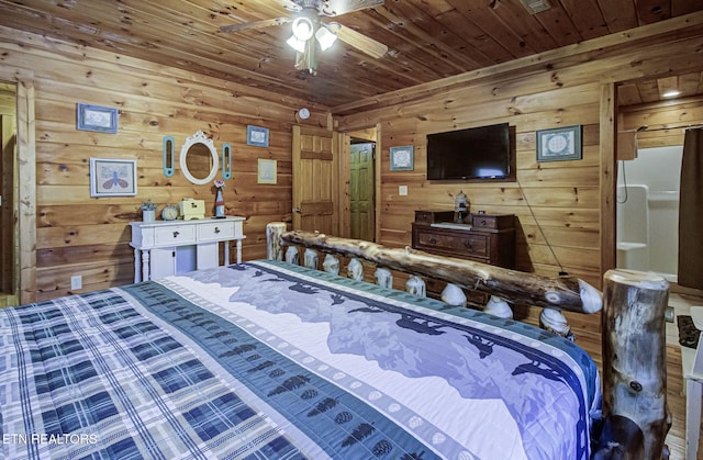 bedroom featuring wooden ceiling, wood walls, and ceiling fan