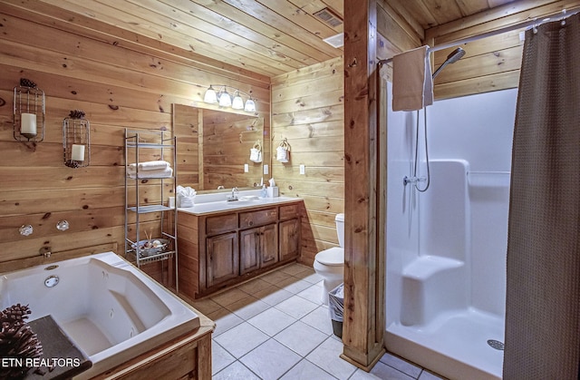 bathroom with curtained shower, wooden walls, and wooden ceiling