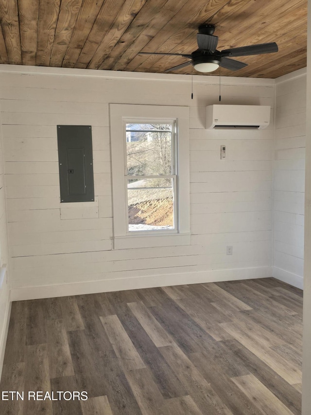 empty room with wooden ceiling, electric panel, and a wall mounted air conditioner