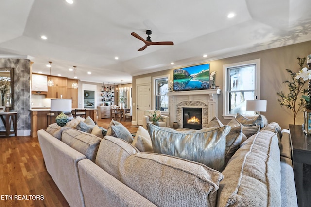 living room featuring ceiling fan, dark hardwood / wood-style flooring, and a tray ceiling