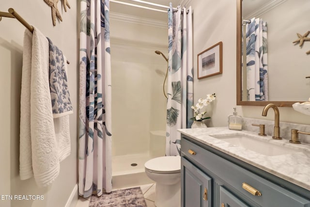 bathroom featuring tile patterned floors, toilet, ornamental molding, vanity, and a shower with shower curtain