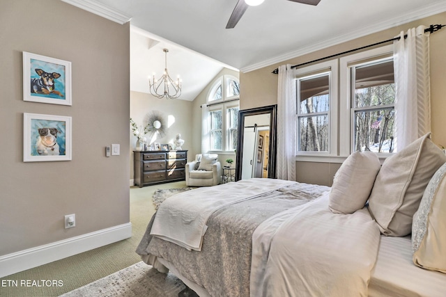 carpeted bedroom with lofted ceiling, ornamental molding, and a notable chandelier