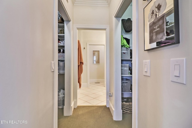 hallway featuring ornamental molding and carpet flooring