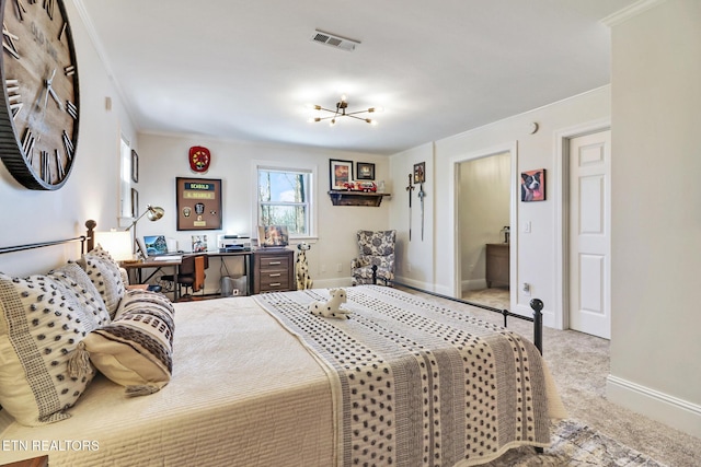 bedroom with crown molding and carpet flooring