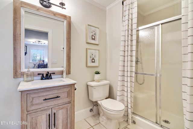 bathroom with crown molding, an enclosed shower, tile patterned floors, and toilet