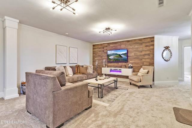 living room featuring ornamental molding, light colored carpet, and wooden walls