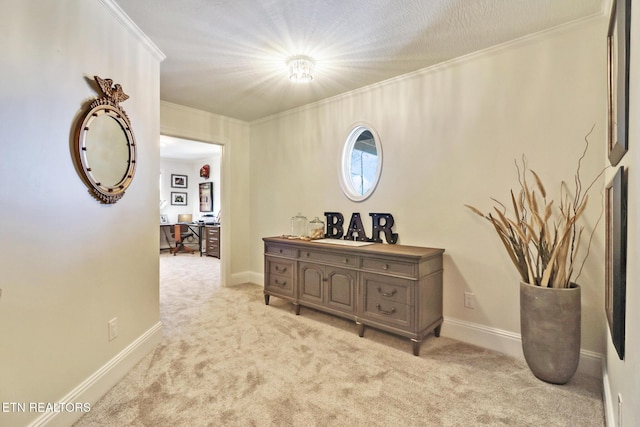 corridor with crown molding and light colored carpet