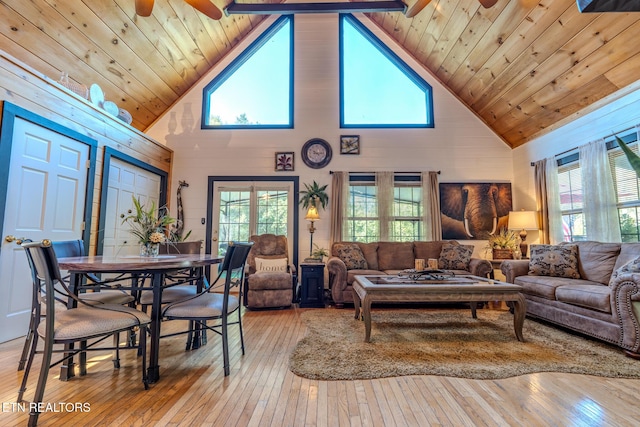 living room with high vaulted ceiling, ceiling fan, wood ceiling, and light hardwood / wood-style flooring