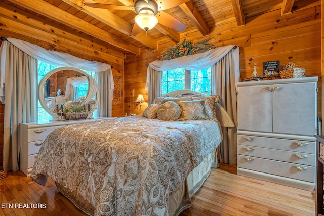 bedroom featuring wood ceiling, wood walls, ceiling fan, light wood-type flooring, and beam ceiling