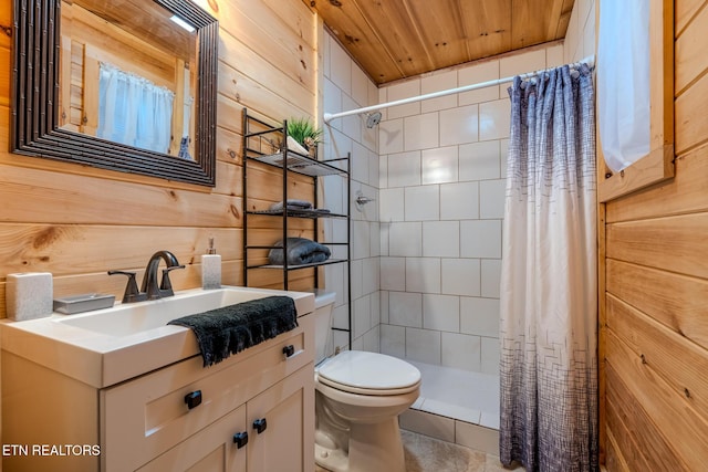 bathroom featuring toilet, wooden ceiling, wood walls, and curtained shower