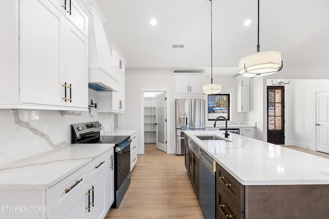 kitchen with stainless steel appliances, white cabinets, and decorative light fixtures