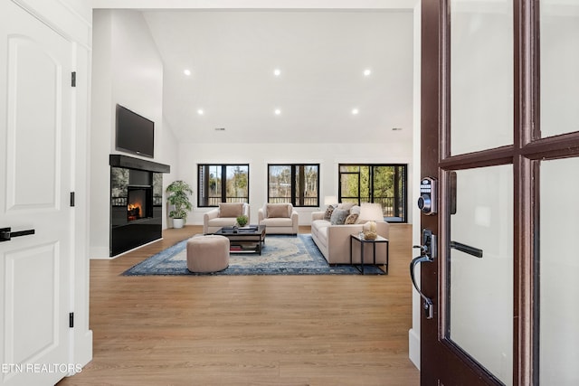 living room with high vaulted ceiling and light hardwood / wood-style flooring