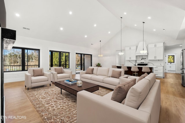 living room with light hardwood / wood-style flooring and high vaulted ceiling