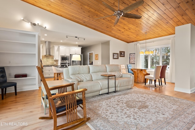 living room with wood ceiling, light wood-type flooring, vaulted ceiling, and ceiling fan with notable chandelier