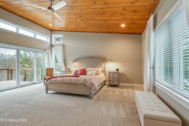 carpeted bedroom featuring ceiling fan, wooden ceiling, radiator, and access to exterior