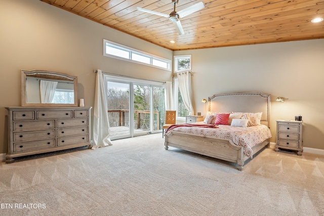 bedroom with a high ceiling, wood ceiling, light colored carpet, ceiling fan, and access to exterior