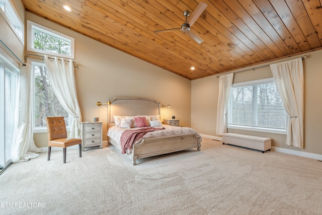 carpeted bedroom with high vaulted ceiling, wooden ceiling, and ceiling fan