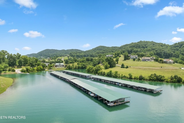 aerial view featuring a water and mountain view