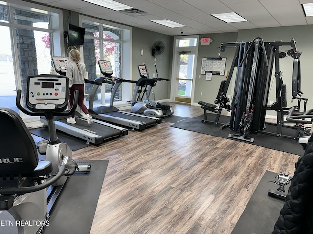 workout area with a drop ceiling, baseboards, and wood finished floors