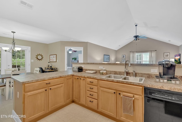 kitchen with black dishwasher, ceiling fan, a sink, healthy amount of natural light, and lofted ceiling