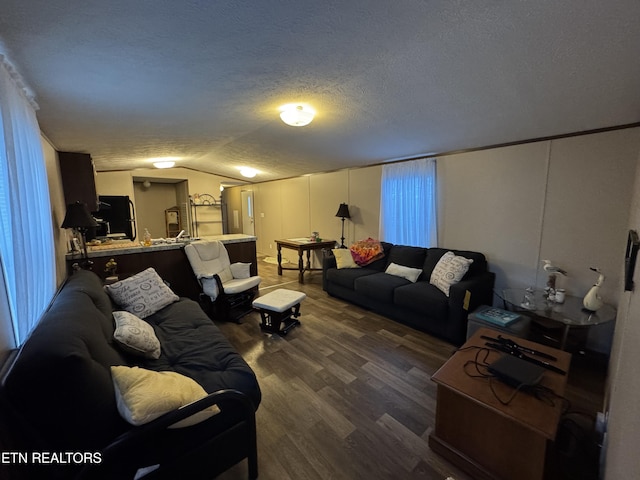 living room featuring a textured ceiling, vaulted ceiling, and dark hardwood / wood-style floors