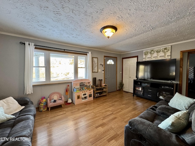 living room with ornamental molding, hardwood / wood-style floors, and a textured ceiling