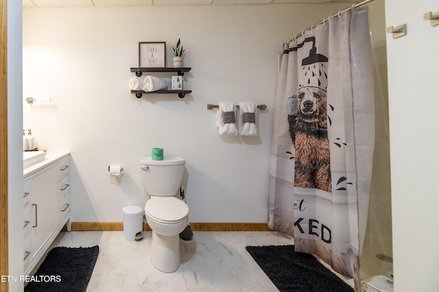 bathroom featuring vanity, toilet, and a shower with shower curtain